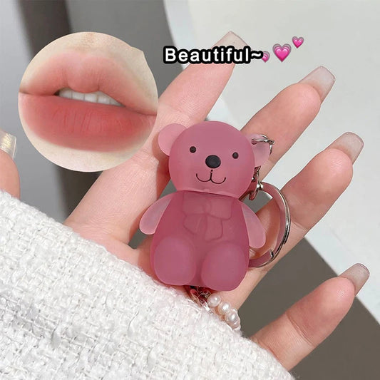 Cute Bear Keychain Velvet Mist Lip Glaze Waterproof Lasting Matte Lipstick Orange Lips Tint Women Dupes Korean Makeup Cosmetic